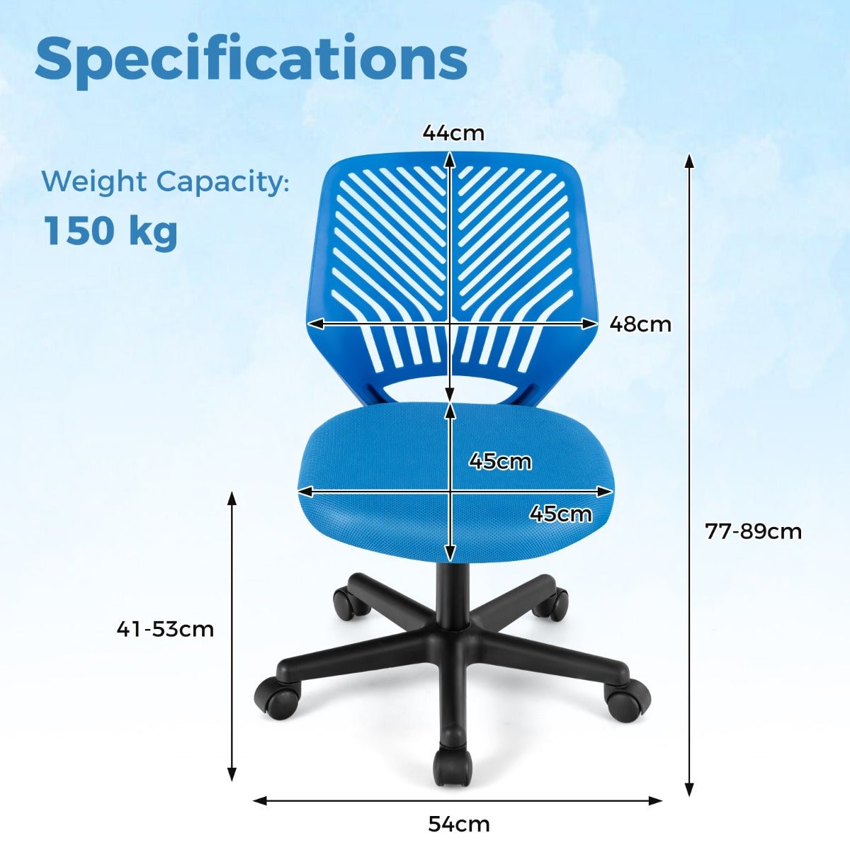 Blue kids mesh office chair with adjustable height, designed for comfortable and ergonomic seating