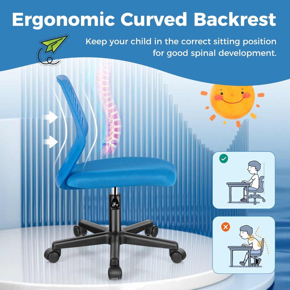 Blue kids mesh office chair with adjustable height and wheels for ergonomic studying.