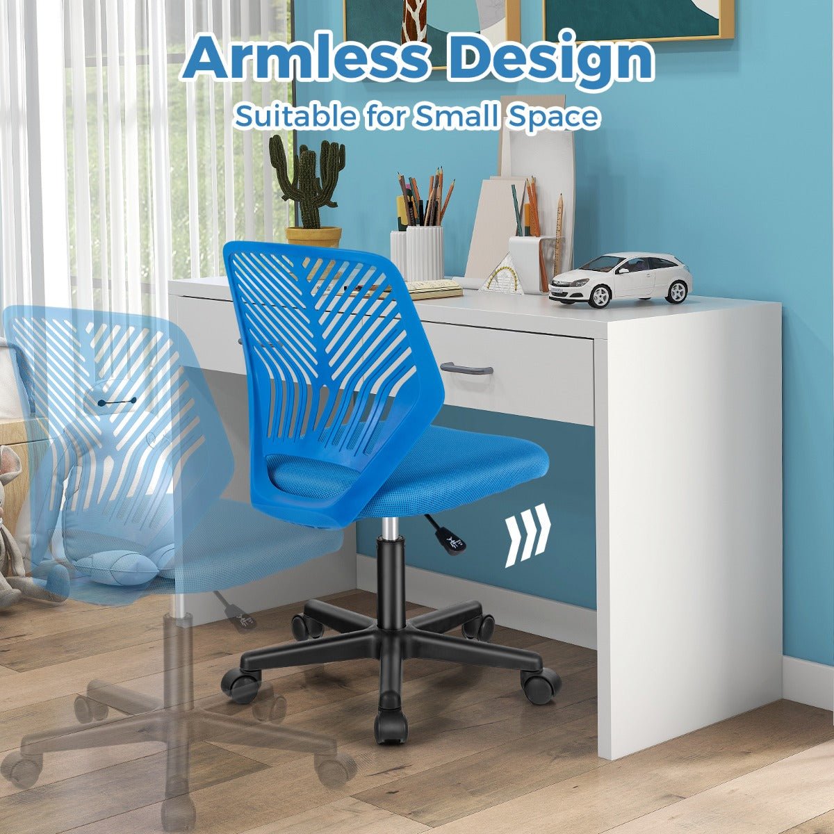 Blue mesh office chair with adjustable height and wheels for kids comfort and productivity.