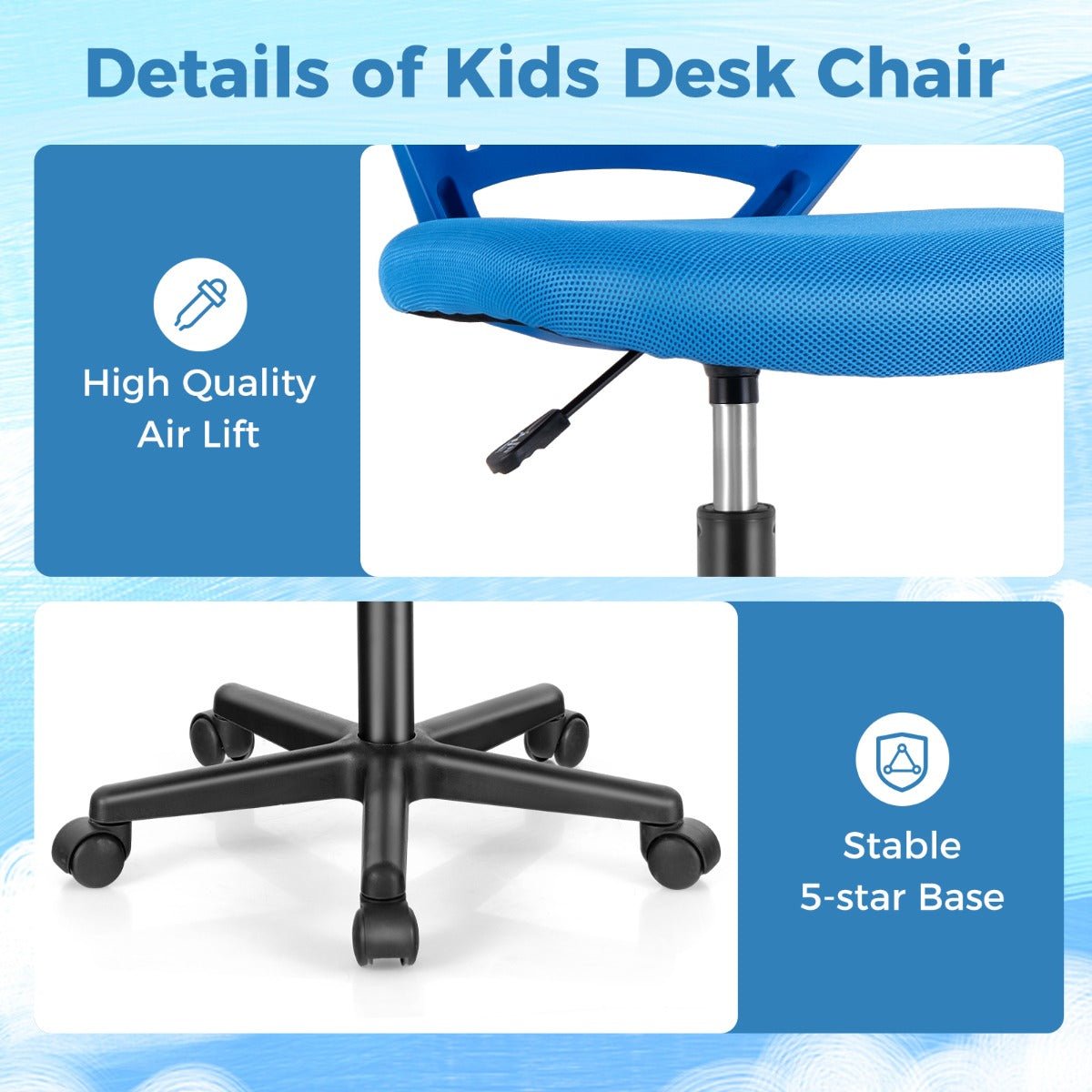 Adjustable blue mesh office chair with wheels for kids - comfort and mobility at home