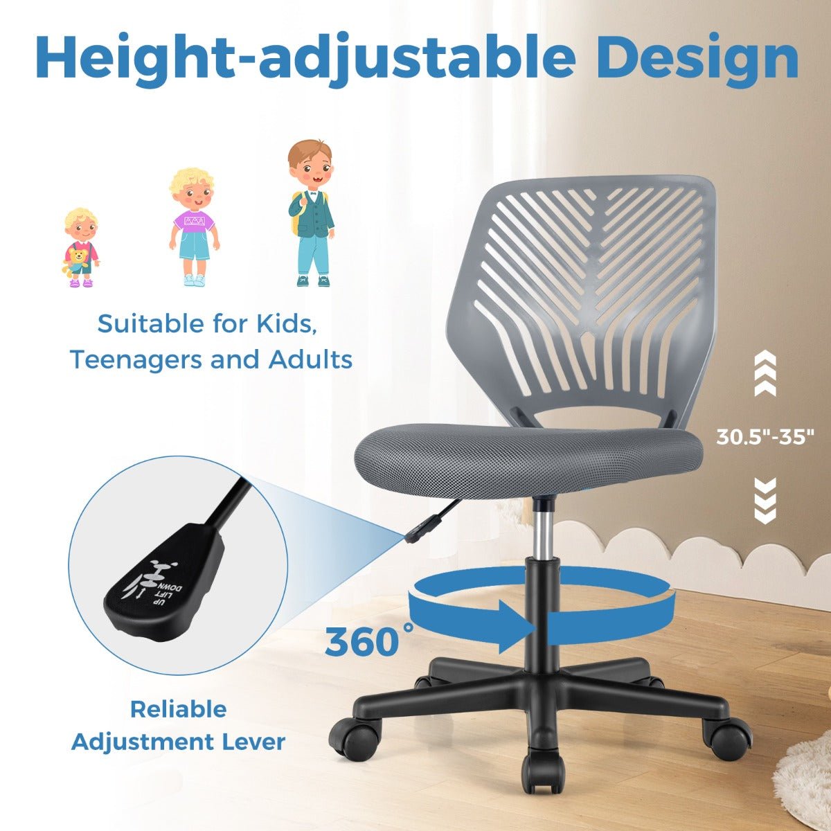 Kids grey mesh office chair with adjustable height and wheels for ergonomic home workspace.