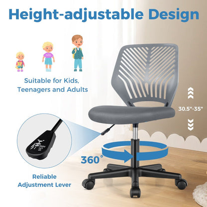 Kids grey mesh office chair with adjustable height and wheels for ergonomic home workspace.
