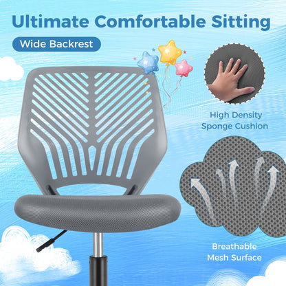 Kids ergonomic grey mesh chair with adjustable height and wheels for comfortable home study.