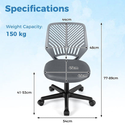 Grey mesh kids office chair with adjustable height and wheels for ergonomic home use.