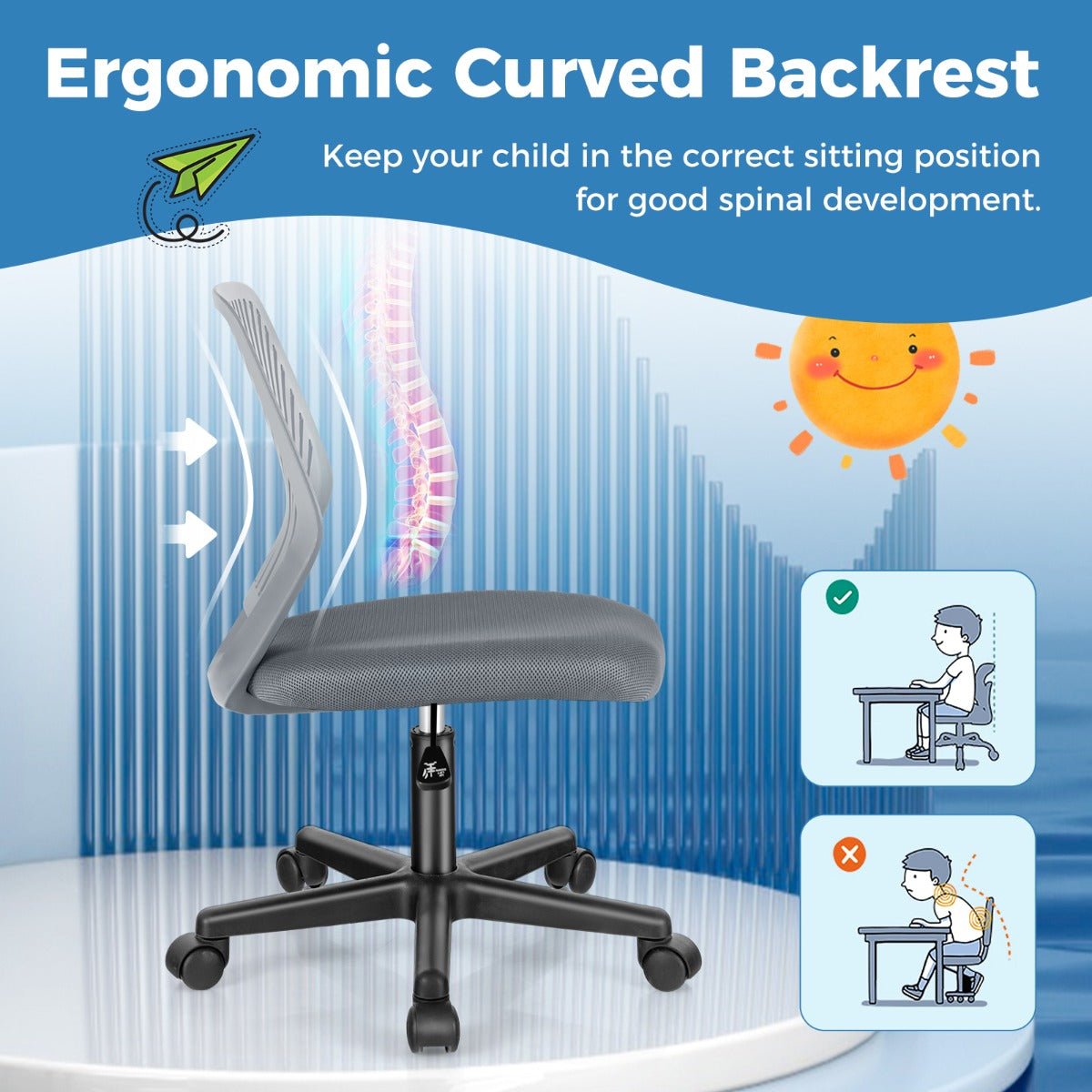 Kids grey mesh office chair with adjustable height and wheels for comfortable studying.