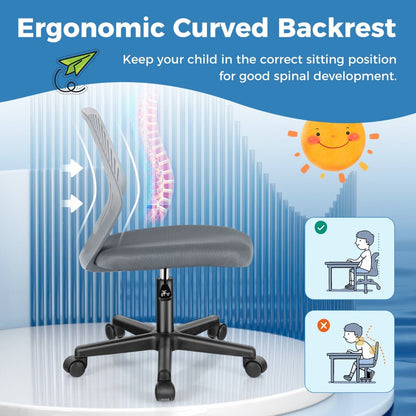 Kids grey mesh office chair with adjustable height and wheels for comfortable studying.
