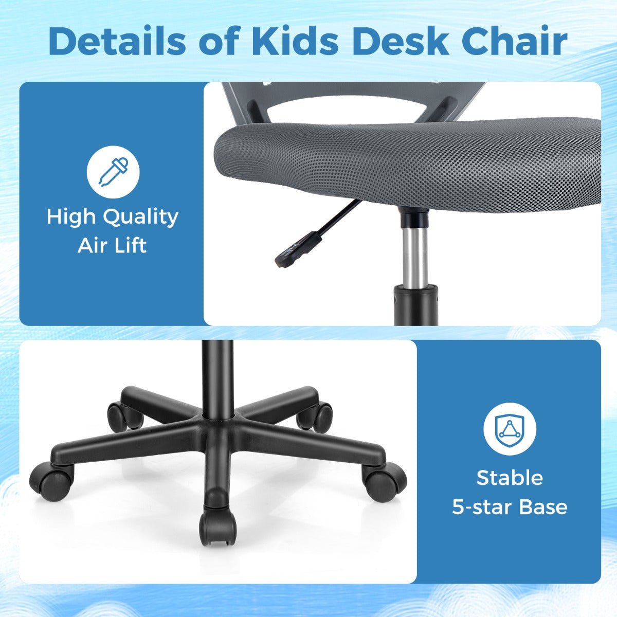 Kids grey mesh office chair with adjustable height and wheels for comfortable study time.