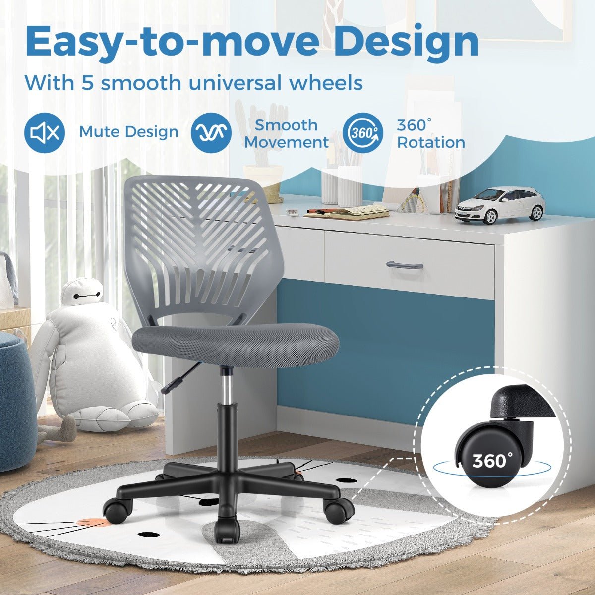 Kids grey mesh office chair with adjustable height and wheels for comfortable home study.