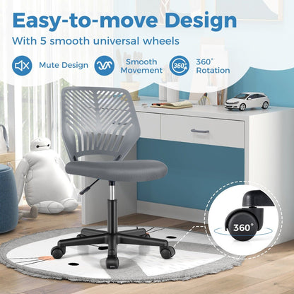 Kids grey mesh office chair with adjustable height and wheels for comfortable home study.