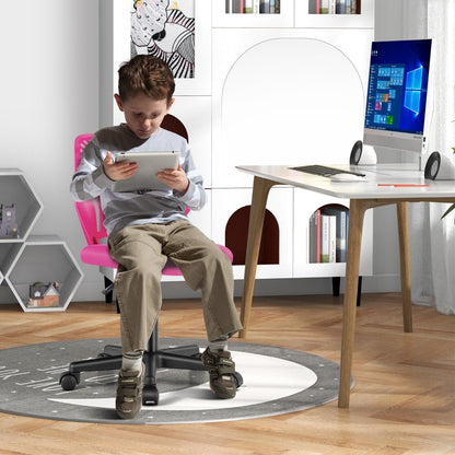Kids pink mesh office chair with height adjustment and wheels for comfortable studying at home.