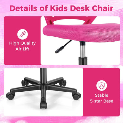 Kids pink mesh office chair with adjustable height and wheels for comfortable, stylish studying.