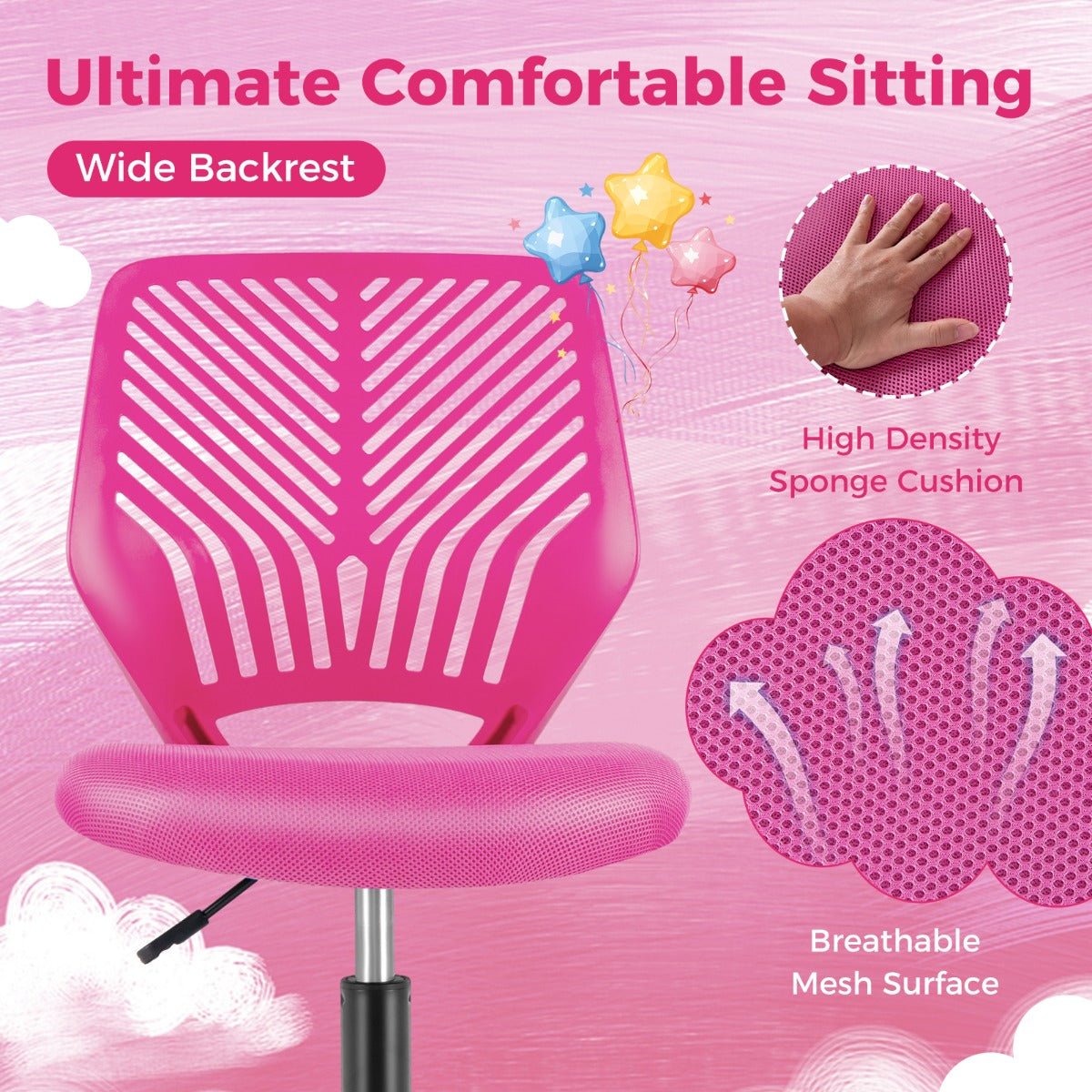 Kids pink mesh office chair with adjustable height and wheels for comfy home study.