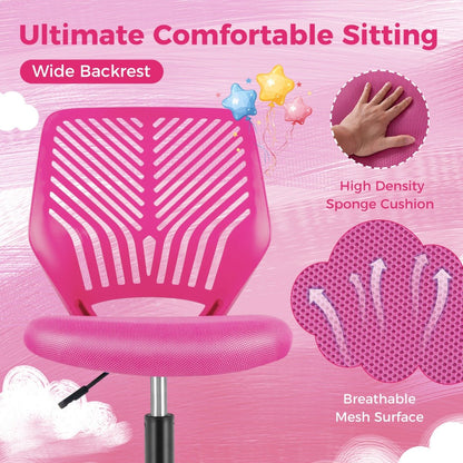 Kids pink mesh office chair with adjustable height and wheels for comfy home study.