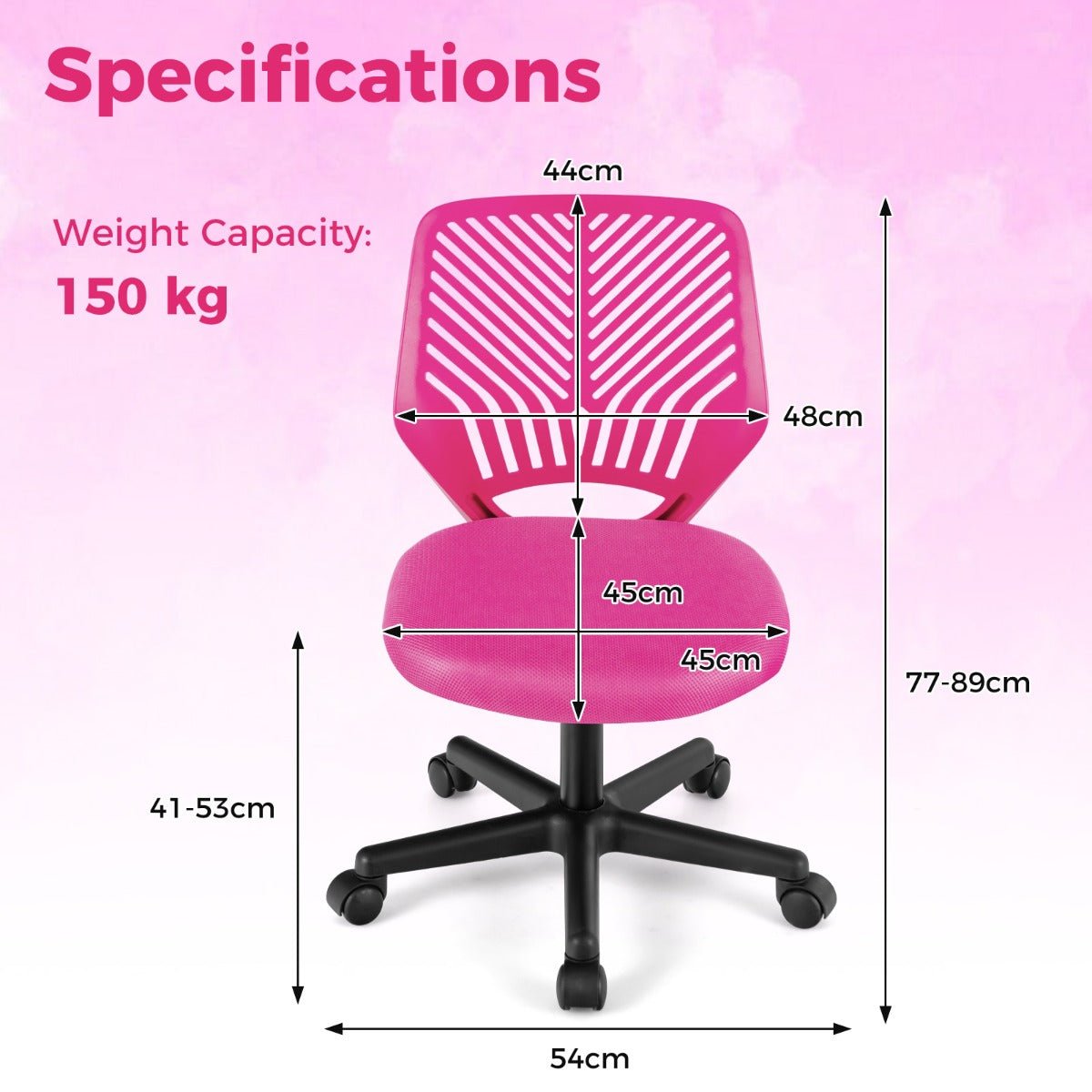 Kids pink mesh office chair with adjustable height and wheels, perfect for homework and playroom.