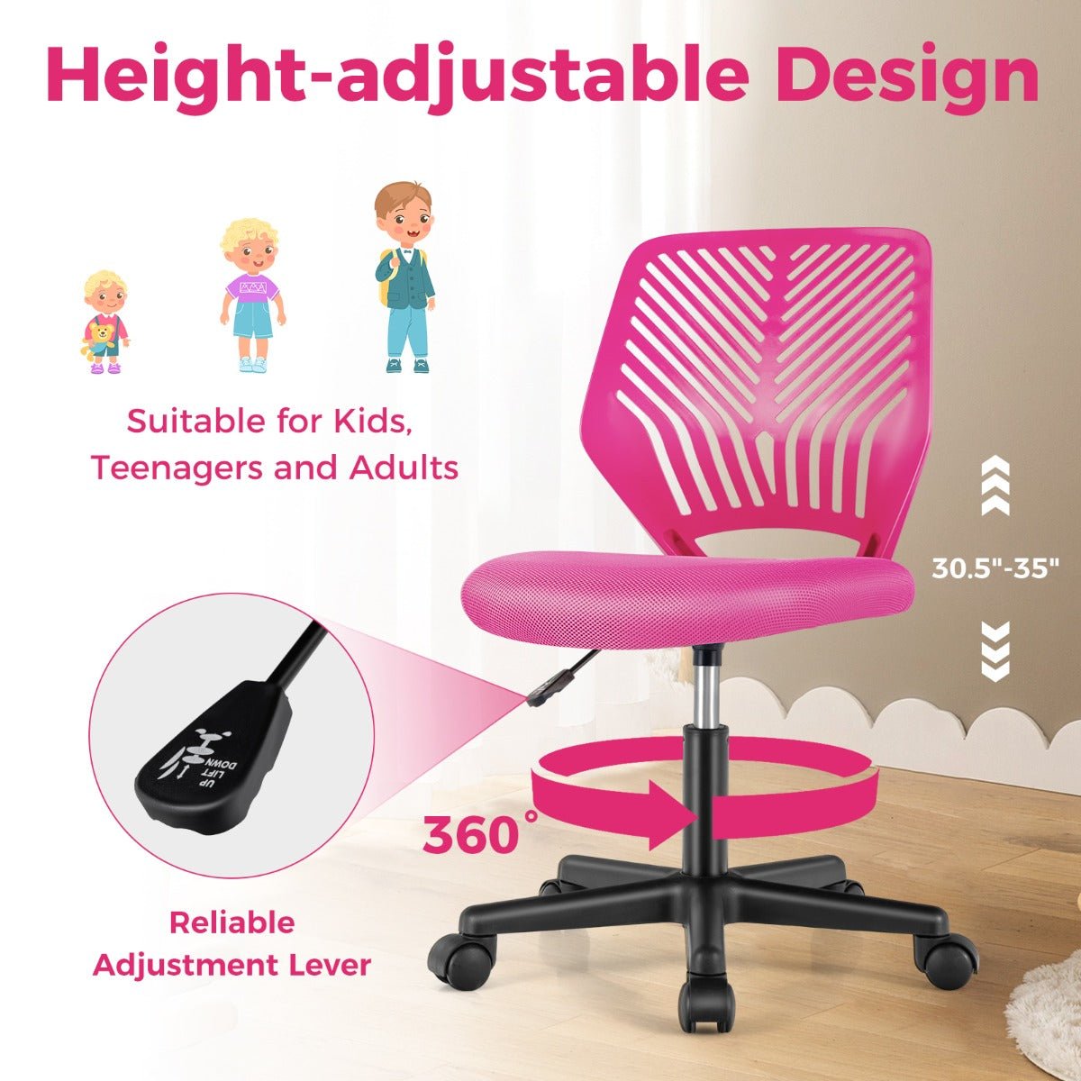 Childs pink mesh office chair with wheels, adjustable height - perfect for homework and play