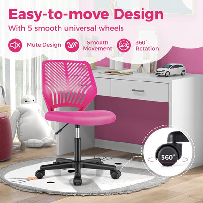 Pink kids mesh office chair with adjustable height, perfect for childrens desk or study area.