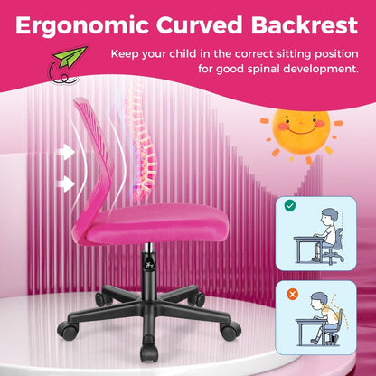 Childs pink mesh office chair with adjustable height for comfort and fun study time.