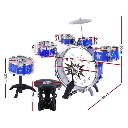 Keezi 11 Piece Kids Drum Set Toy in Blue, ideal for musical play at home.