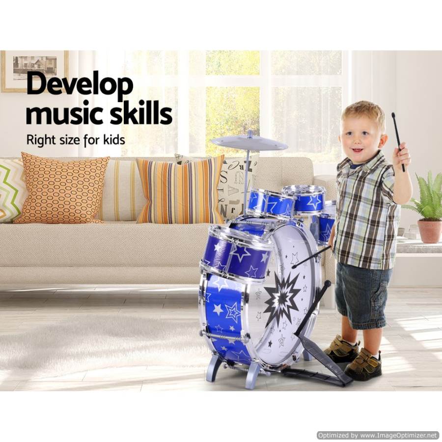 Keezi 11 Piece Kids Drum Set Toy Blue, perfect for young musicians at home.