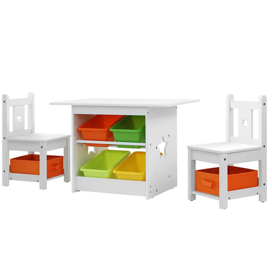 Keezi 3 PCS Kids Table and Chairs Set with Play Toys Storage Box, ideal for home play area.