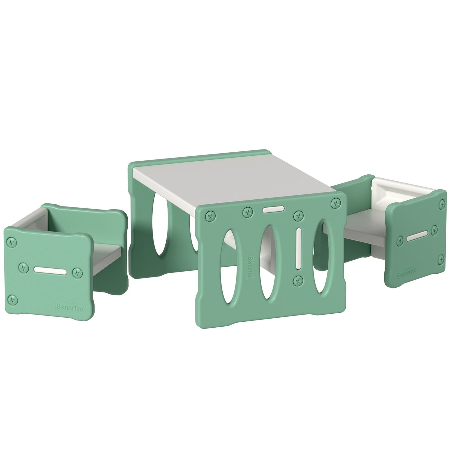 Keezi 3PCS Kids Table and Chairs Set in vibrant green for imaginative play and studies.