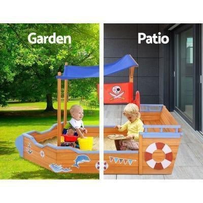 Keezi Boat Sand Pit With Canopy, ideal for backyard play, treated timber construction.