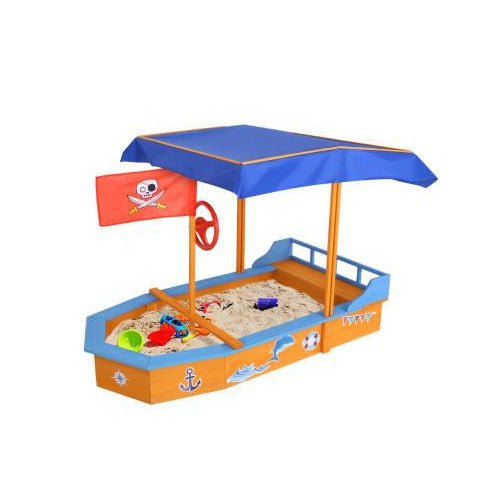 Keezi boat-shaped sand pit with canopy for outdoor play, ideal for kids sea-themed adventures.