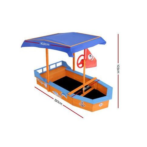 Keezi boat-shaped sand pit with canopy, perfect for outdoor playtime fun in the sun.