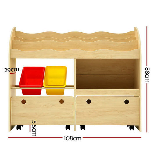 Kids bookshelf with toy storage box, perfect for organizing toys and books playfully.