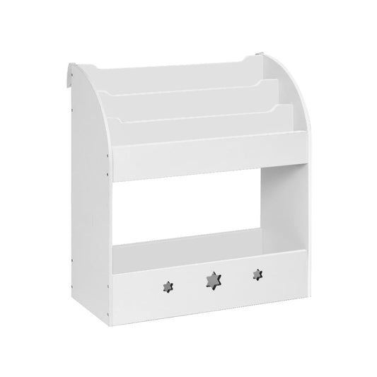 White kids bookshelf with toy storage, magazine rack, and organizer for childrens room organization.