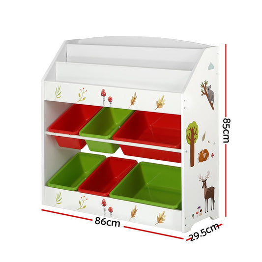 Keezi kids bookshelf toy box organizer with 6 bins for tidy playroom storage.