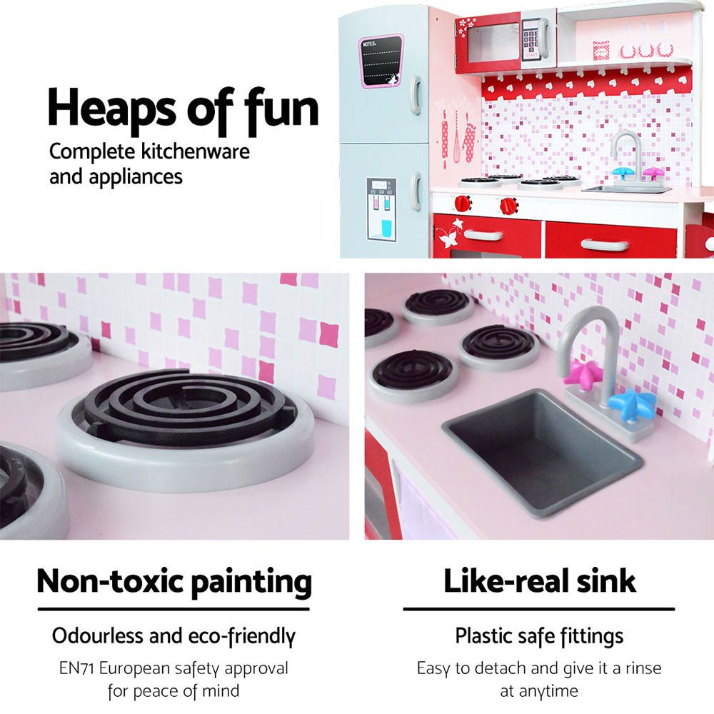 Keezi Kids Cookware Play Set in Pink and Red for imaginative kitchen play fun.