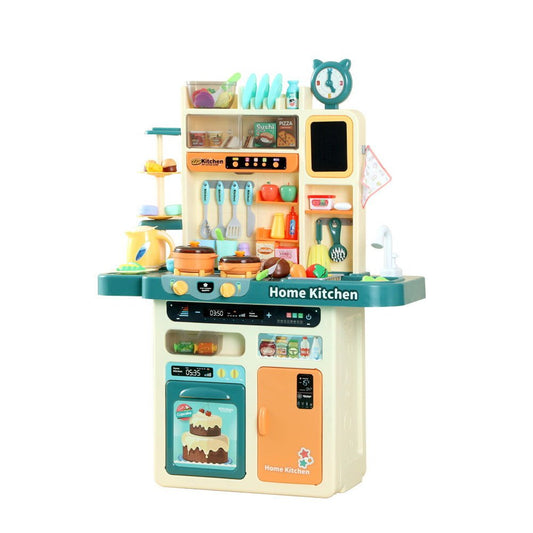 Keezi Kids Kitchen Playset with 73pcs pretend food, sink, and cooking utensils for imaginative play.