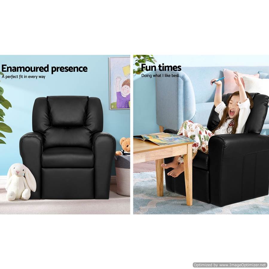 Keezi Kids Recliner Chair Black, comfy and stylish, perfect for childrens lounge time at home.