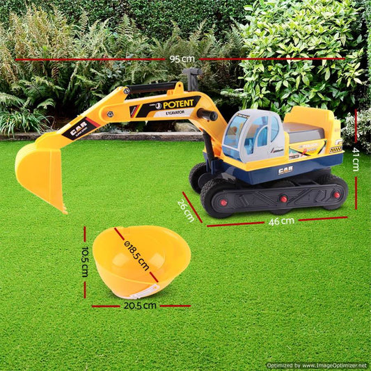 Yellow Keezi Kids Ride On Excavator, perfect for imaginative indoor and outdoor playtime.