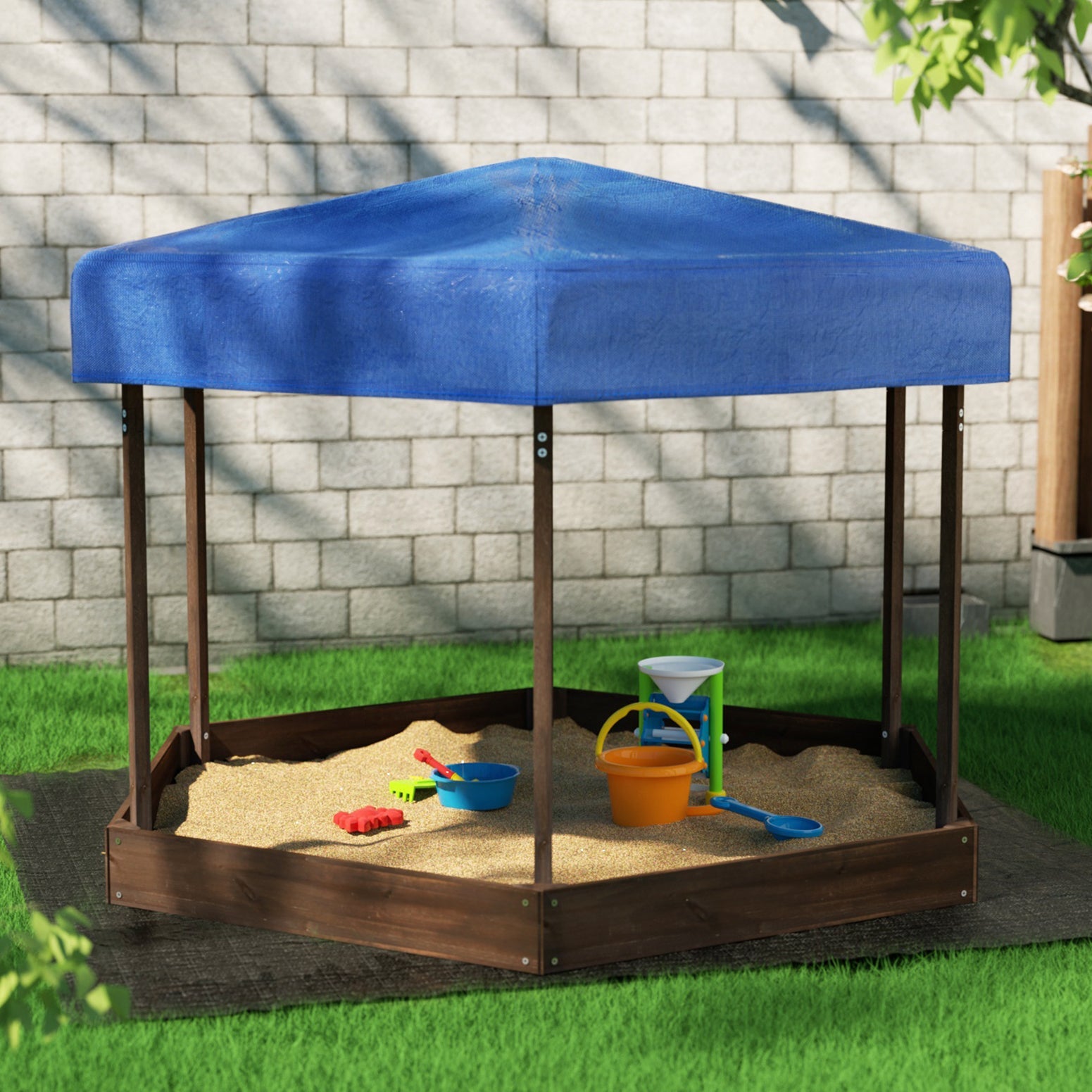 Keezi Kids Hexagon Sandpit with Canopy, 182cm, ideal for outdoor play and fun.