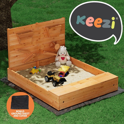 Keezi Kids Sandpit with Cover, 120cm - Interactive wooden sandbox for outdoor play.