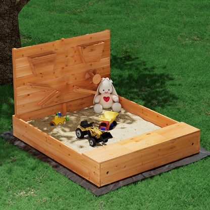 Keezi Kids Sandpit with Cover - Outdoor wooden sandbox for backyard fun, 120cm size.