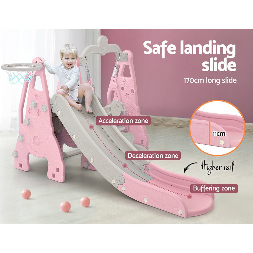 Keezi Kids Slide with Swing, Basketball Hoop - 170cm Pink Set for Toddlers Play.