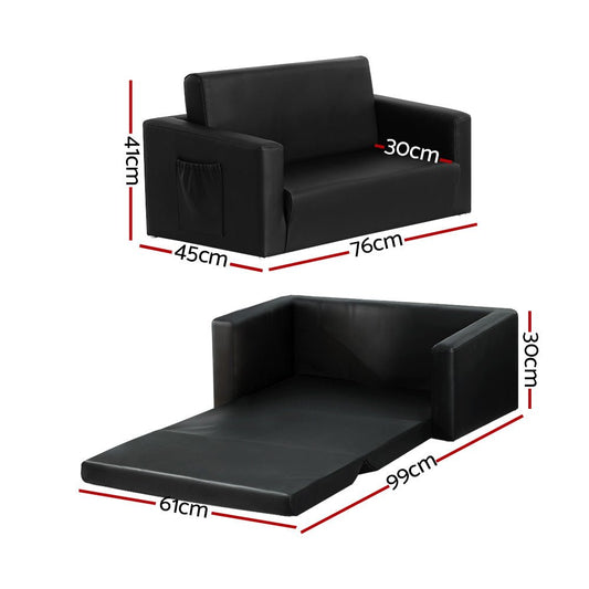 Keezi Kids Sofa 2 Seater | Black armchair for children with flip-open design, ideal for home.