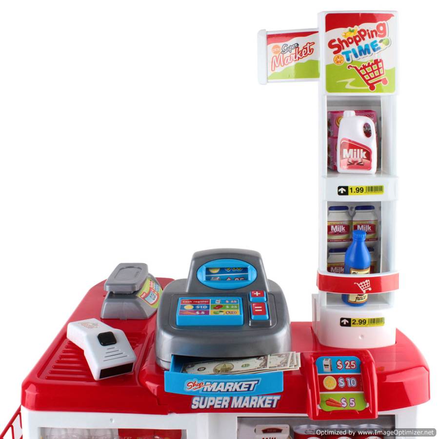 Keezi Kids Supermarket Toy Set - Red and White trolley for imaginative pretend play.