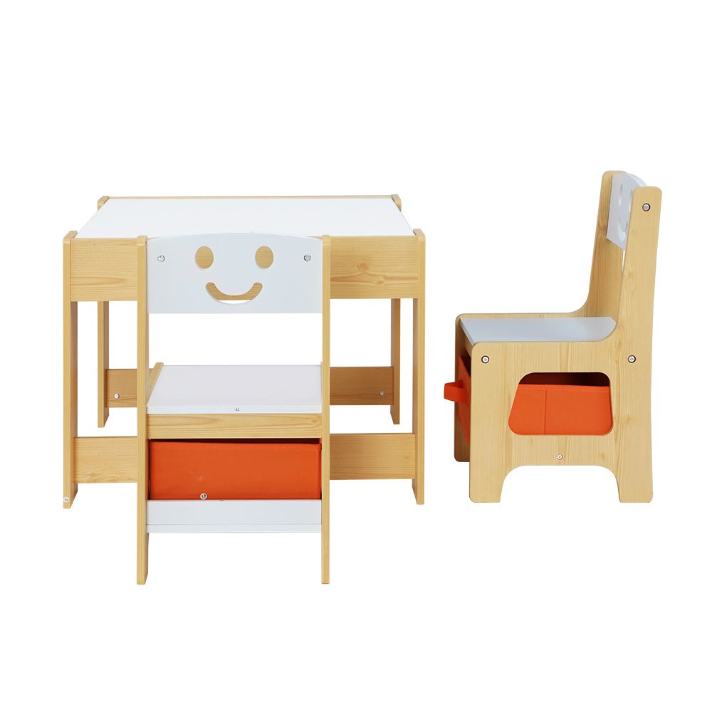 Keezi kids table and chair set with blackboard, perfect for creative play and storage.