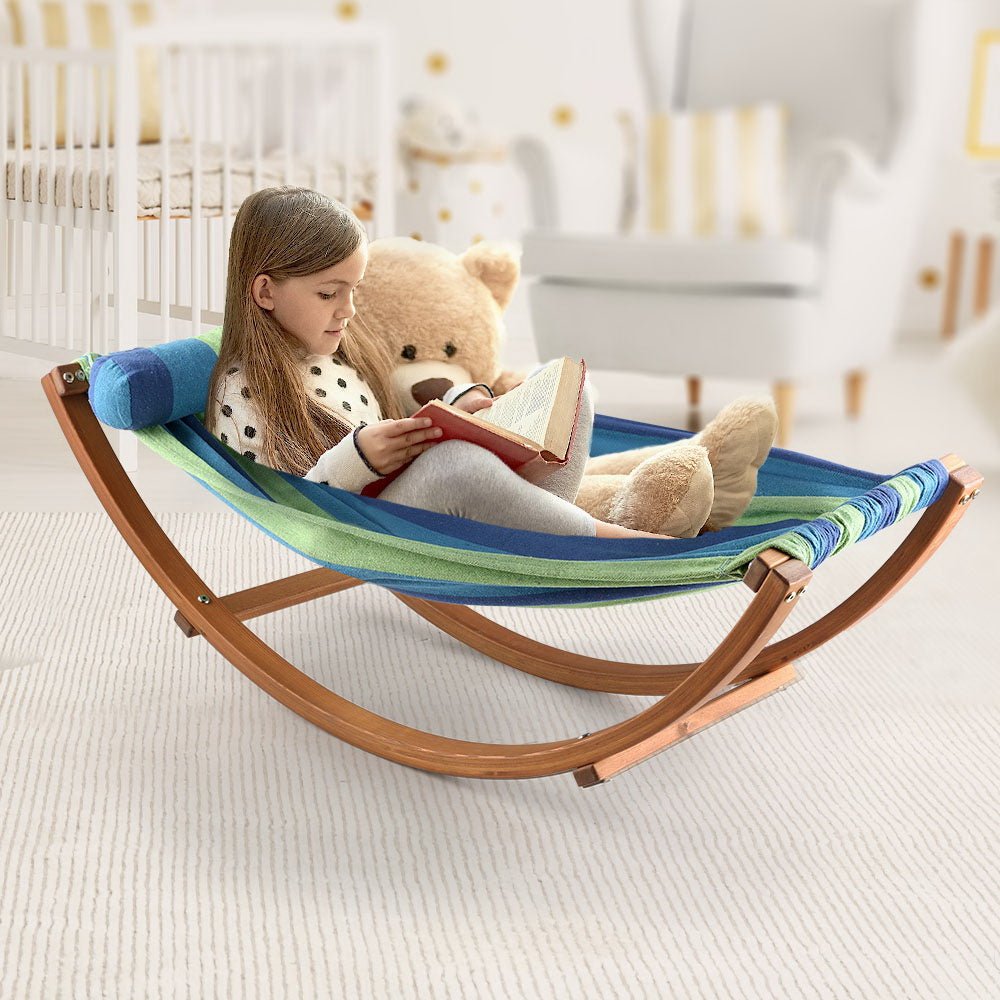 Keezi Kids Timber Hammock Bed Swing - Blue, fun and cozy backyard relaxation for kids