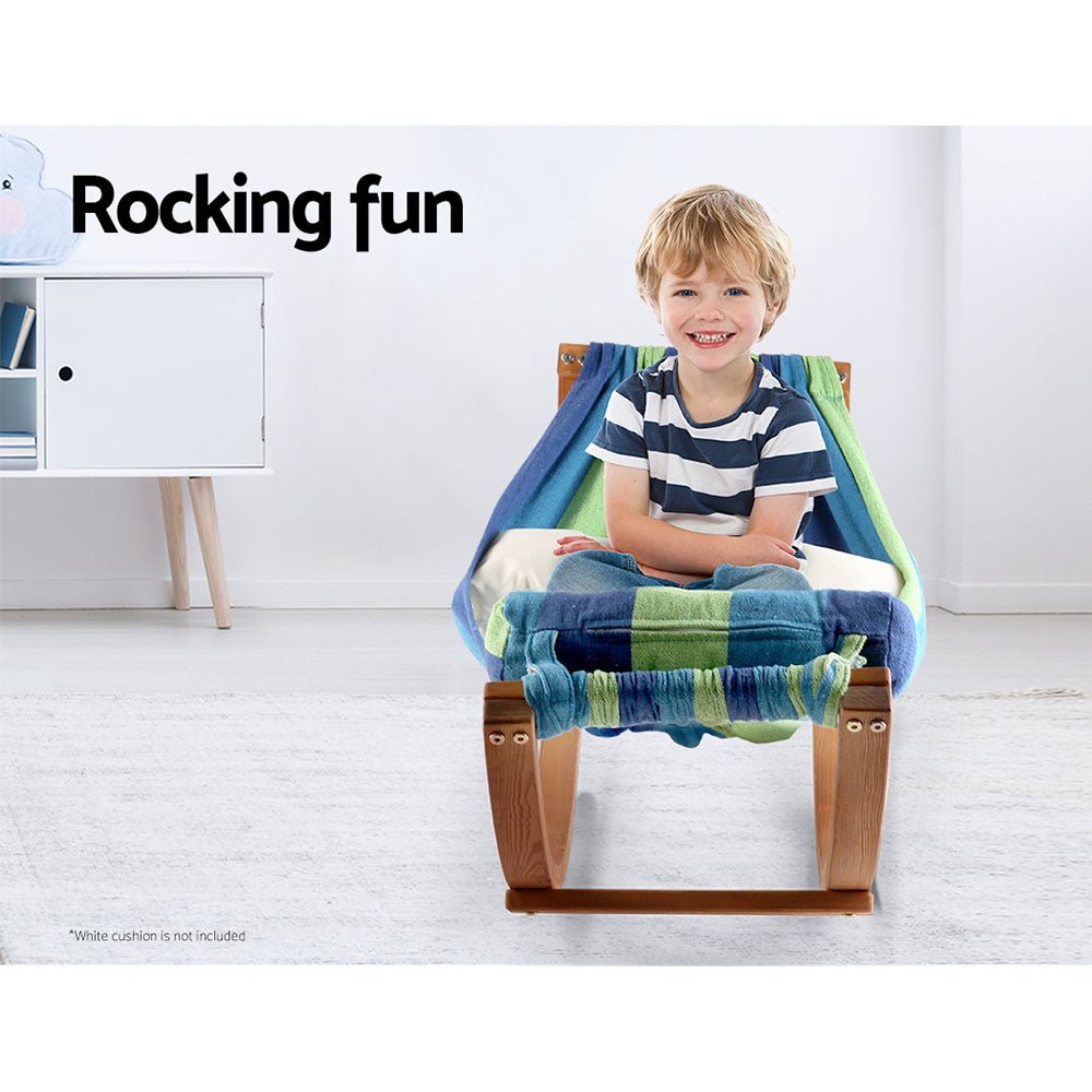 Kids blue timber hammock swing bed, ideal for cozy play and relaxation indoors or outdoors.