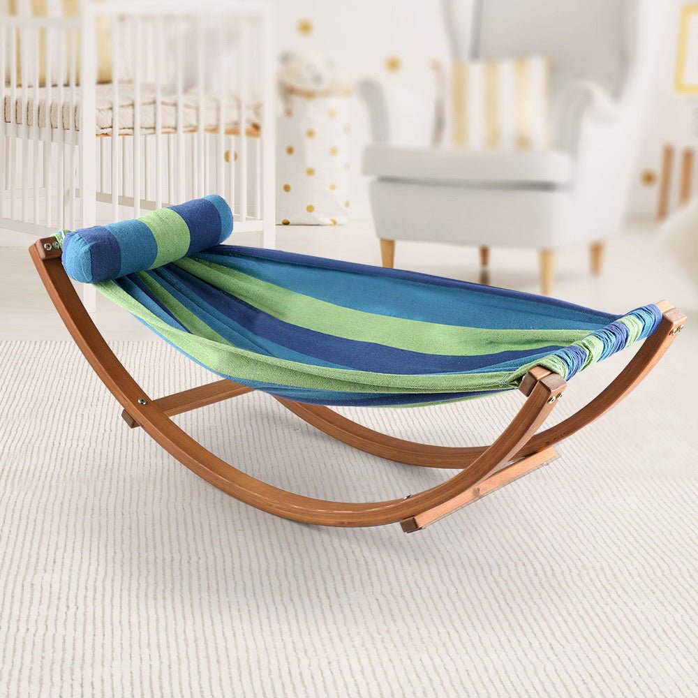 Blue Keezi Kids Timber Hammock Bed Swing, perfect for cozy indoor relaxation and play.