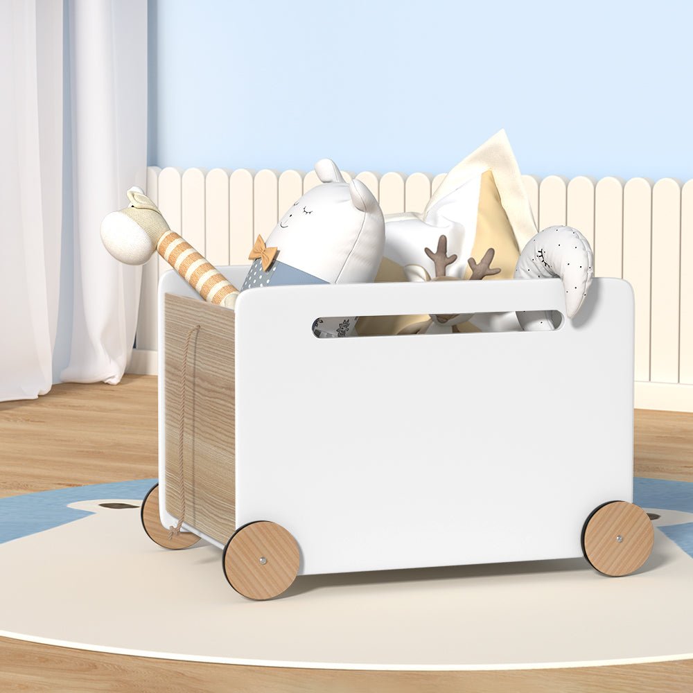Keezi Kids Toy Box Container with Wheels, ideal for storage and organization in kids rooms.