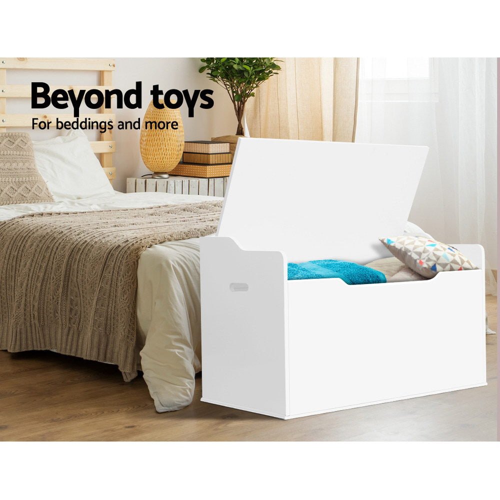 Keezi Kids Toy Box Storage Chest - White, perfect for organizing and storing toys efficiently.