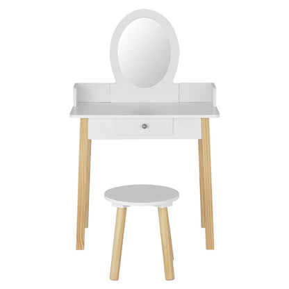 Keezi Kids Vanity Set | White wooden table with mirror and chair for playroom fun.