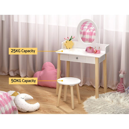 Keezi Kids Vanity Set with Mirror and Drawer for Pretend Play, White Wooden Design