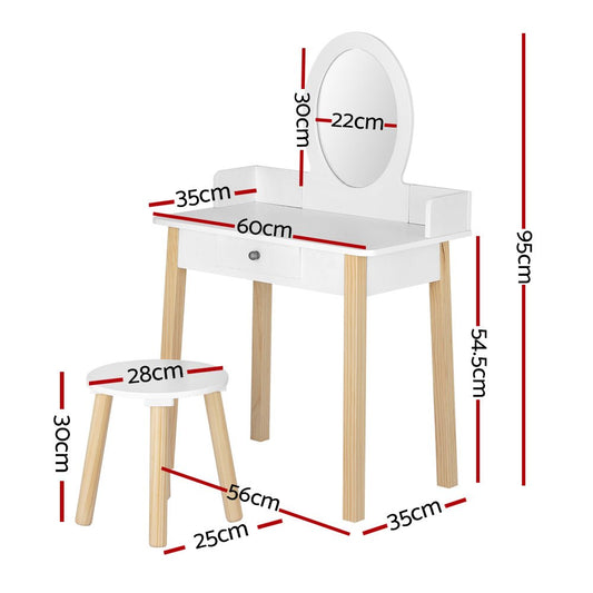 Keezi Kids Vanity Set with Mirror, Drawer, and White Wooden Chair, ideal for playing dress-up.